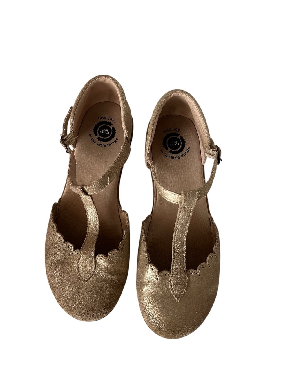 Livie & Luca Metallic Gold T‑Strap Scalloped Dress Shoes
